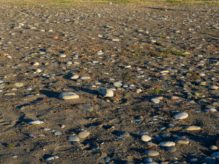 rock on the sand. sea coast. Rubble on the ground. Stones scattered on the ground.の写真素材