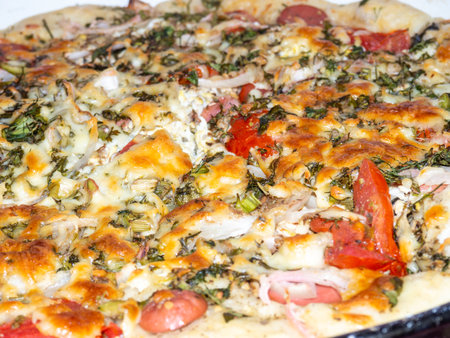 Assorted pizza background. Homemade vegetable pie. Open pie. Caloric nutrition. Pizza with tomatoes, cheese, herbs and eggs. Cooking. homemade foodの写真素材