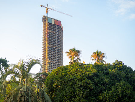 Construction of a skyscraper near the park. House above the trees. Crane next to a tall building. On the Sunsetの写真素材