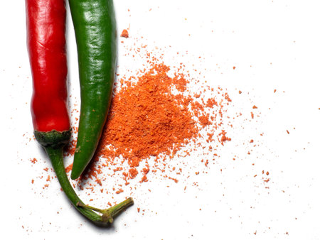 The green pepper and ground red pepper are isolated. Spicy pepper on a white background. Ingredient for a burning dish. Paprika scattered on the tableの写真素材