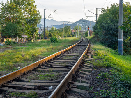 The railroad tracks go up to the mountains. Highlands. Transport industry. travel concept. path symbol. Sleepersの写真素材