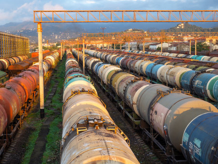 Batumi, Georgia. 10.18.2022  Tanks with fuel on the railway tracks at sunset. Sunset at the train station. The cargo part of the station is an industrial zone against the backdrop of mountains. Fuel wagons. Cargo transportationのeditorial素材