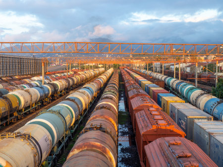 Batumi, Georgia. 10.18.2022 Tanks with fuel on the railway tracks at sunset. Sunset at the train station. The cargo part of the station is an industrial zone against the backdrop of mountains. fuel wagons. Cargo transportationのeditorial素材