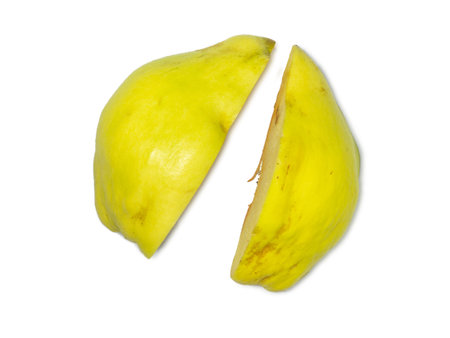 Quince slices. Ripe slices of tart sour fruit. sliced quince. The pulp of a juicy fruit. Raw food diet. quartersの写真素材
