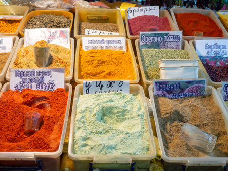 Batumi, Georgia. 10.22.2022 Georgian spices on the counter. Spices in the market. different kinds. Spices in assortment. Store in Georgia. east market. Ingredients for preparing dinner. food additives. Utskho suneli. suneli hopsのeditorial素材