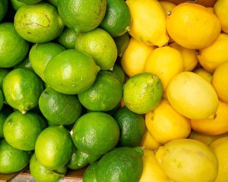 Lemons and limes in one box. background from different citrus fruits. Yellow and green fruits. vitamins. Citrus concept. in the eastern marketの写真素材
