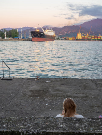 port area. Container ships in the port. The atmosphere of a cargo seaport. marine urban landscape. Shipping in Georgia. Woman on the concrete pier. Loading cranesの写真素材