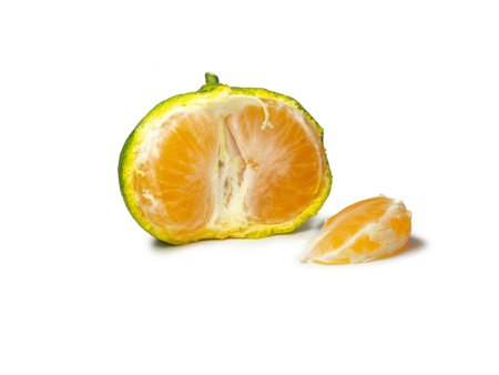 Unripe tangerine. Peeling a tangerine. Green fruit on a white background. Sour ingredient. Citrus isolate. Sliced green mandarin. Useful fruit.の写真素材