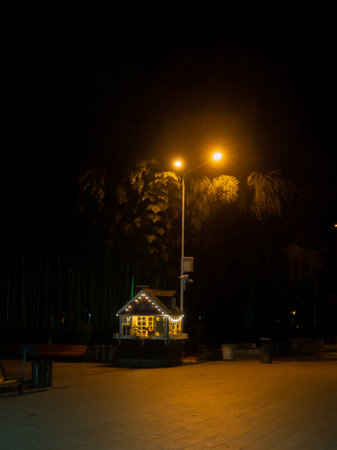 Beautiful stall in the night park. street lighting. Sales of goods at night. resort placeの写真素材