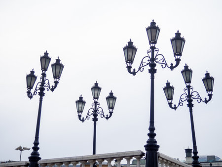 Old lampposts against the gray sky. park lighting. Lanterns during the day. Moscow Lanternsの写真素材