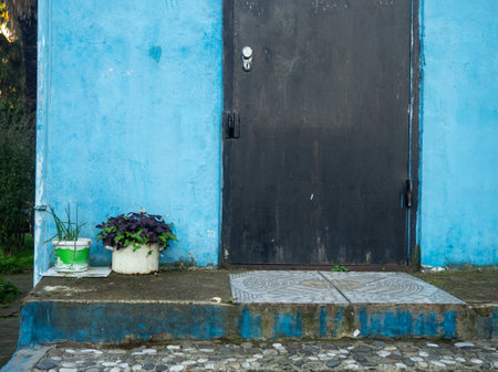 Homemade flower pots at the entrance to the door. vintage place. Exit to the courtyardの写真素材
