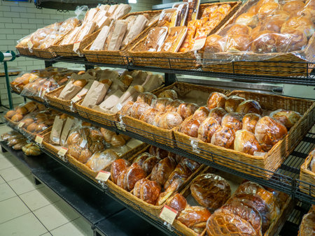 Store shelves. fresh bread. bakery products. Bread in the supermarket in assortment