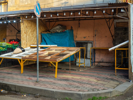 Empty stall in the street market. closed foot in the market. The merchant has finished his work day. empty. vegetable stall.の写真素材