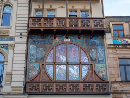 Modern stained glass window in Batumi. Stained glass in the building on the window. architecture.の写真素材