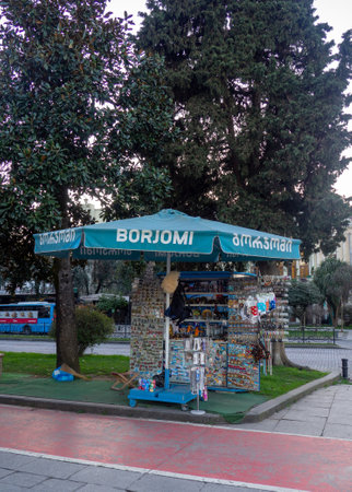Batumi, Georgia. 01.21.2023 Street shop selling souvenirs. Magnets and mugs on the counter. Jewelry for memory. small businessのeditorial素材