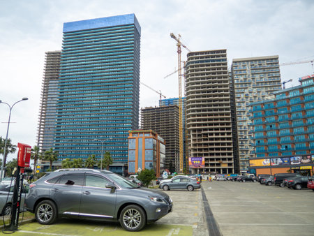 Batumi, Georgia. 01.28.2023 Streets of a modern resort town on the Black Sea. Streets of Batumi. Hotels on the sea. resort in winter. Not the holiday season. Cloudy weather in Georgia.のeditorial素材