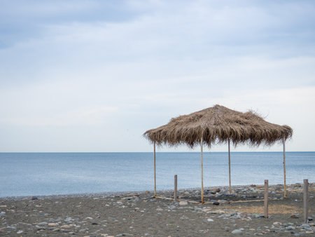 Beach houses with thatched roof in winter. Destroyed scenery on the beach. Deserted beach in non-beach season. Crooked gazebos. abandoned placeの写真素材