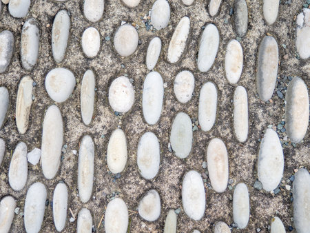 Pattern of sea stones in cement. Ground cover in the park. Background with bumps. Background of beach pebbles and concrete. Unusual design.の写真素材