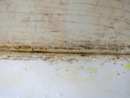 Plumbing. Mold in the bathroom. Black dots of mold and yellow plaque. Black mold Dirt on tiles. Requires cleaning. Before using cleaning products.の写真素材