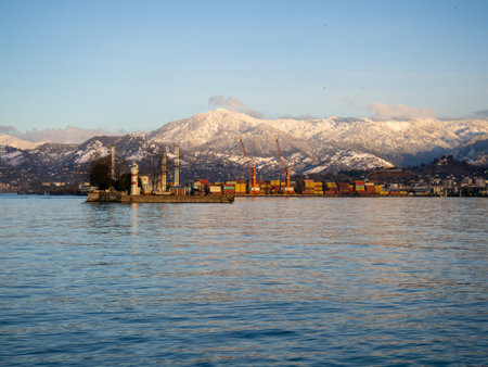 seaport and mountains are visible. Nature and technology. Batumi city. Landscape of Georgiaの写真素材