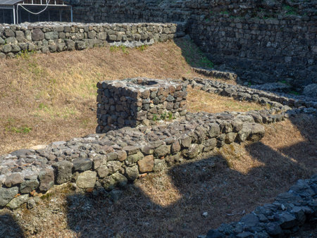 The foundation of an ancient building. archeology. Ruins of an ancient castle. At the archaeological site. Ruined Palace Museum. Fortress Gonio. The architecture of antiquity. Georgiaのeditorial素材