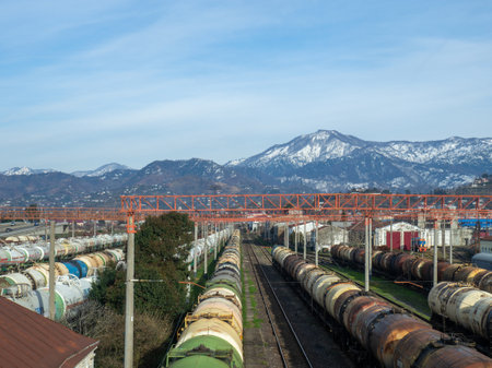 Batumi, Georgia. 02.25.2023 Loading area of the station. Lots of freight trains. Wagons - tanks on rails. Fuel exportのeditorial素材