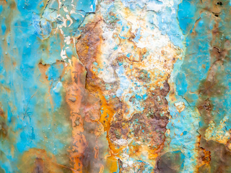 Rust on a blue surface. Cracks in the paint. Old iron. Rusty metal. Backgroundの写真素材