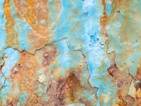 Rust on a blue surface. Cracks in the paint. Old iron. Rusty stains on metal. Backgroundの写真素材