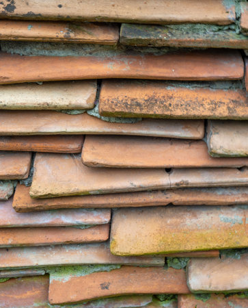 Background from the old tiled masonry. Orange tiles. Wall made of clay fragments. Wall texture. Rusticの写真素材