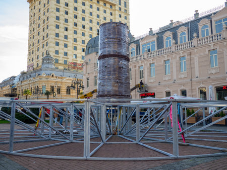 Batumi, Georgia. 12.18.2023 Installation of a city tree. Base for a large Christmas tree. pedestal frameのeditorial素材