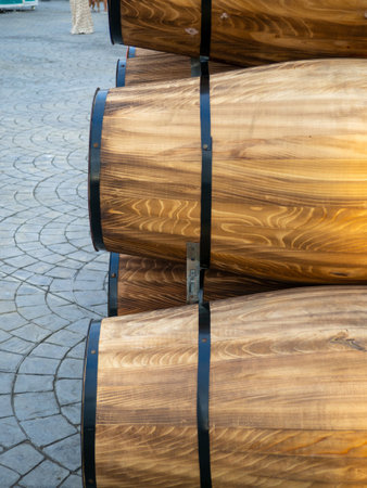 Wooden barrels. Vessels for wine. Wood items. Liquid storage tankの写真素材