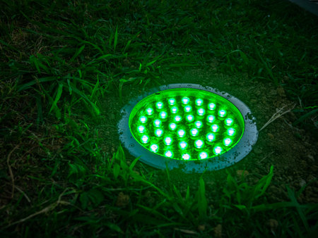Turned on green light. Street illumination lamp in the ground. Lantern in the ground. Palm lighting. lighting fixture for decorationの写真素材