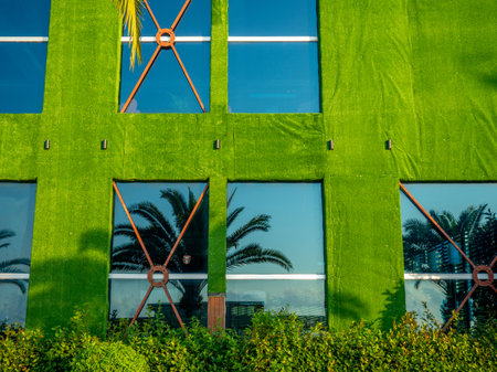 Facade of the building in green matter. Preparations for decorative work. Building reconstruction. Beautiful facadeの写真素材
