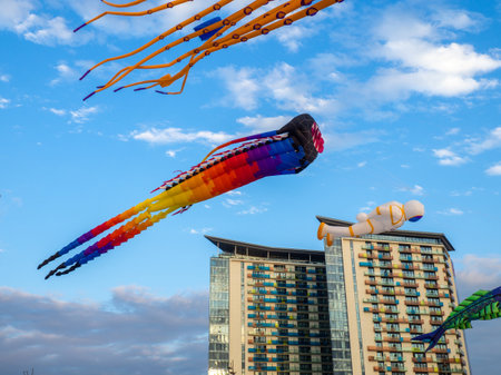 Kite Festival. Kites in the sky. A spectacle in the sky. Wind is like a force. air objects. Various forms. A beautiful sight. Air. Astronaut, octopus.の写真素材
