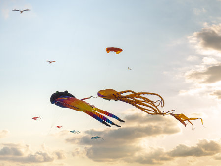 Kite Festival. Kites in the sky. A spectacle in the sky. Wind is like a force. air objects. Various forms. A beautiful sight. Airの写真素材