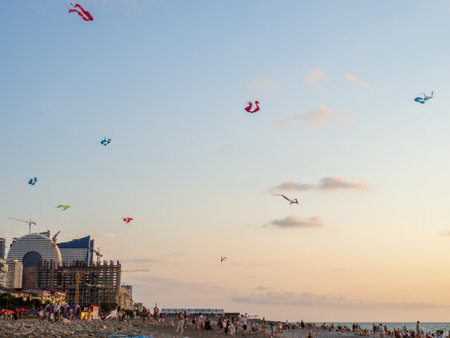 Batumi, Georgia. 08.20.2023 Kite Festival. Kites in the sky. A spectacle . Wind is like a force. air objects. Various forms. A beautiful sight.  Aerodynamics. Object in the sky. Holiday on the beachのeditorial素材