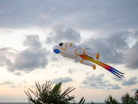Kite Festival. Kites in the sky. A spectacle . Wind is like a force. air objects. Various forms. A beautiful sight.  Aerodynamics. Object in the sky. Holiday on the beach. Astronautの写真素材