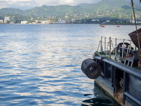 Rubber protecting the pier. Navigation safety concept. Shock-absorbing element. Berth for ships.の写真素材