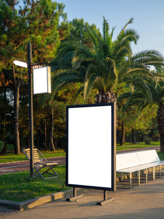 Mockup at the resort on the street. Advertising among palm trees. White space to fill. Advertising and promotion in the subtropics. Businessの写真素材