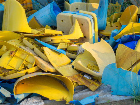 Old broken plastic chairs at the stadium. Fan riot concept. A pile of plastic chairs. Broken and...