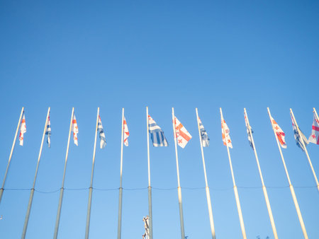 Flags of Georgia and Adjara. Many identical flags on flagpoles. Patriotism. Government agency....