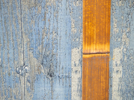 Background from wooden boards in blue paint. Vintage wall. Wood. Uneven surface. Splintersの写真素材