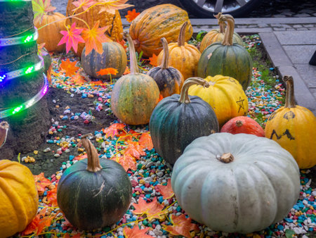 Decorations for Halloween on the street near the restaurant. Autumn holiday decorations. Illuminations. Restaurant patio decoration. Painted multi-colored pumpkins. All Saints' Day. The holiday is approaching. October 31. Preparationの写真素材