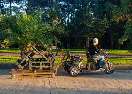 Batumi, Georgia. 10.20.2023  man in an electric vehicle carries pallets. Transportation of building elements. Mini cargo transportationのeditorial素材
