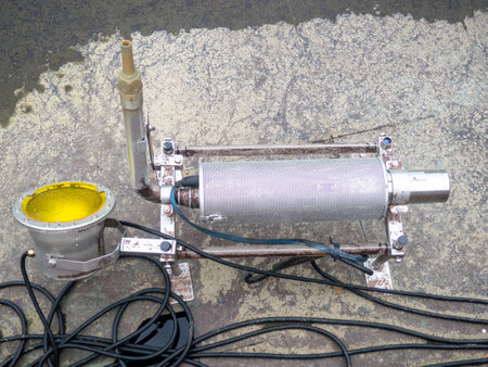 Empty fountain in a city park. Dehumidification. Cleaning the fountain with a hose. The device of the fountain. Pipes for water supply. Water hoses. Modern technologies. Infrastructure maintenance.の写真素材