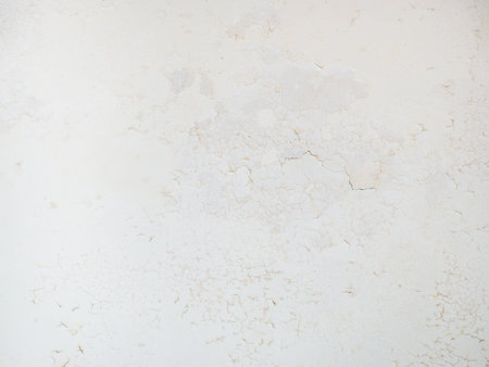 Ceiling of an old apartment. Crumbling plaster. The housing requires renovation. Background made of peel-off coating. Povertyの写真素材