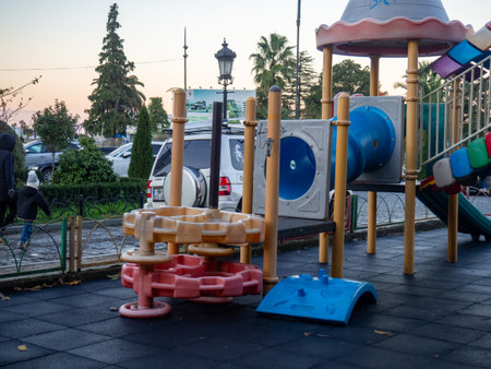 Children's playground made of plastic. Safe playground. Place to play. Slides and laddersの写真素材