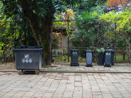 Garbage containers in the park. Infrastructure. Caring for the environment. Green trash binsの写真素材