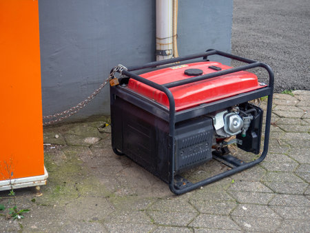 generator is on the street tied with a chain. Protection against theft. Spare power supply.の写真素材