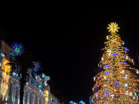 New Year tree on the city square. Lights on the street at night. City square on New Year's Day. Garlands for decorationの写真素材
